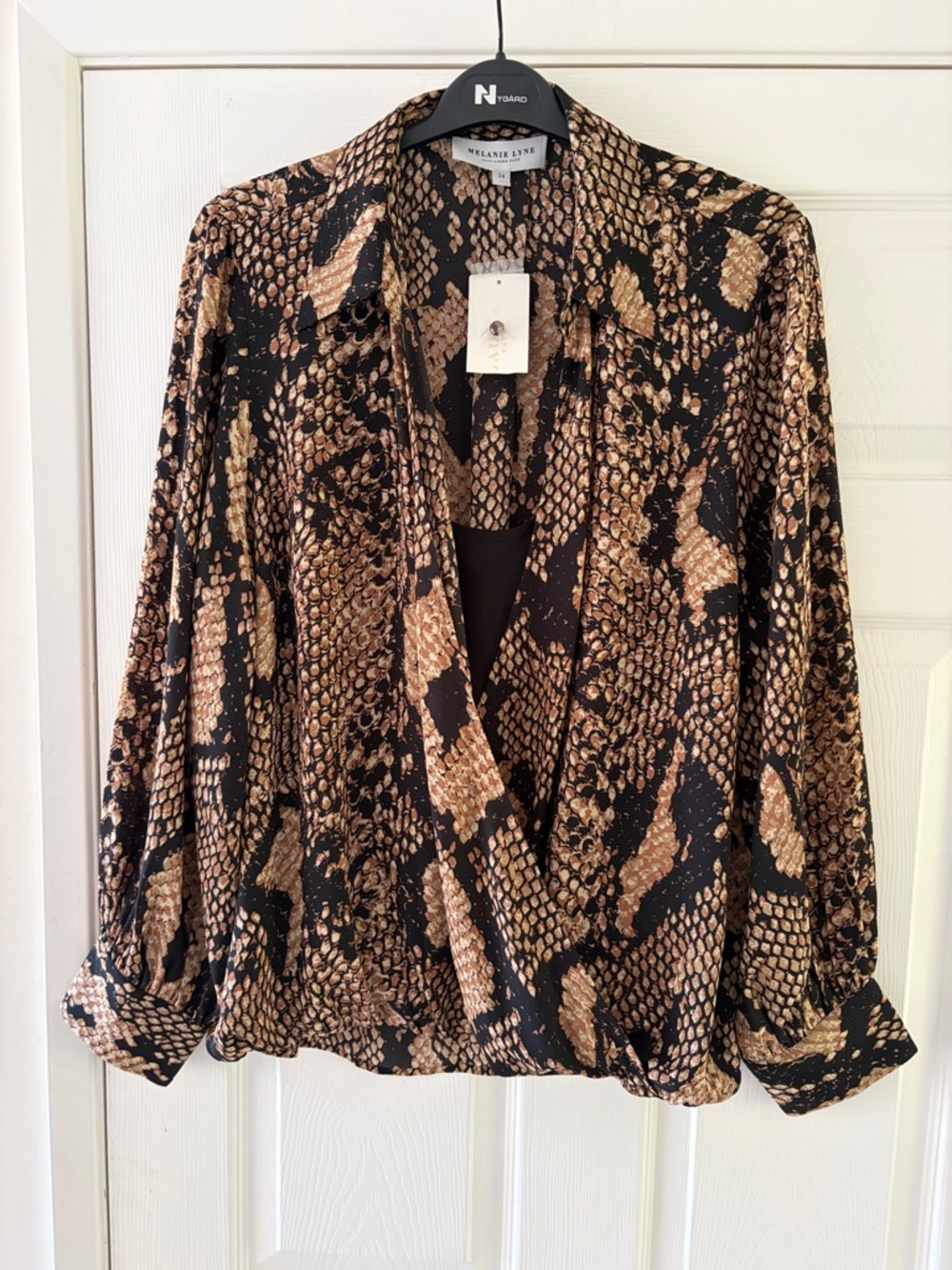 Sz 24 Black & Brown Snake-Print Surplice Blouse